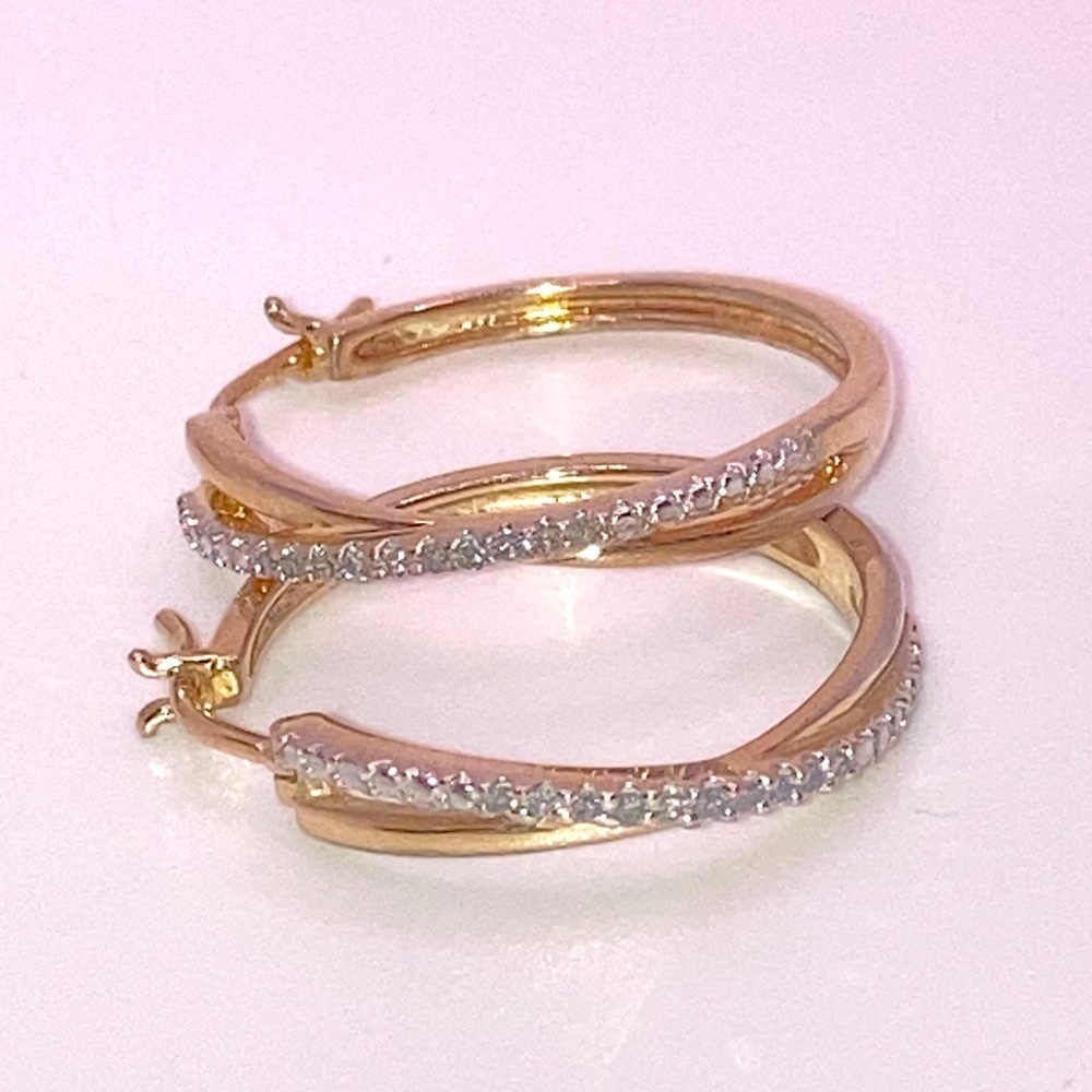 Vtg Sterling & Diamond Gold Plated Crossover Hoops Hoop Earrings 925 SUN / .9”